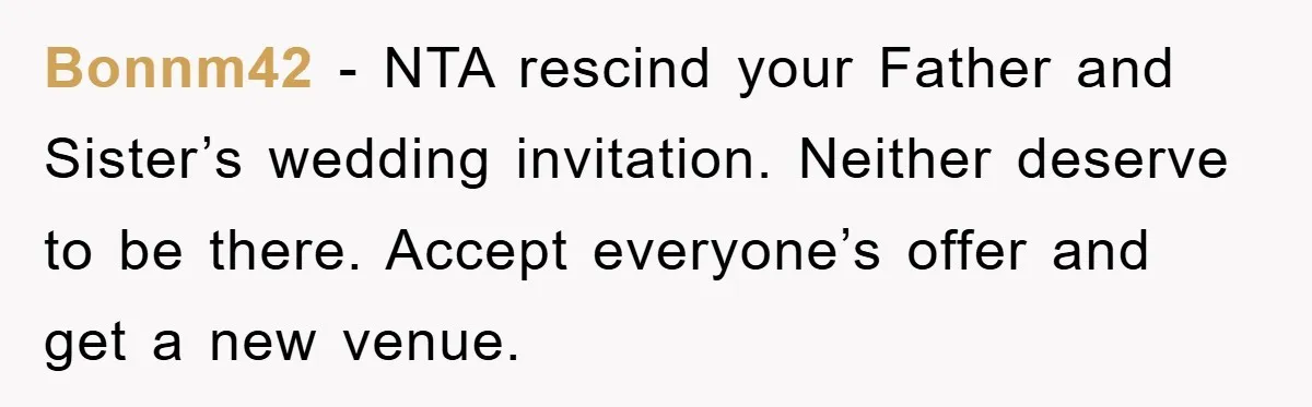 Bonnm42 − NTA rescind your Father and Sister’s wedding invitation. Neither deserve to be there. Accept everyone’s offer and get a new venue.