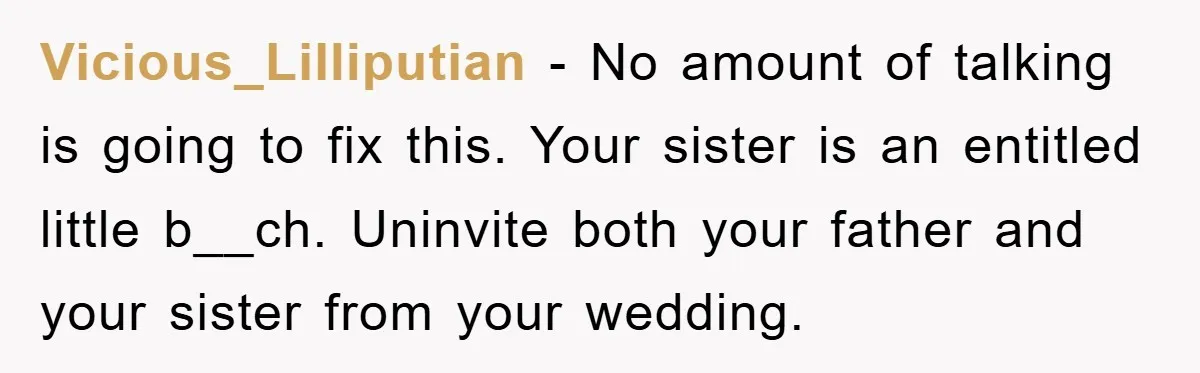 Vicious_Lilliputian − No amount of talking is going to fix this. Your sister is an entitled little b__ch. Uninvite both your father and your sister from your wedding.
