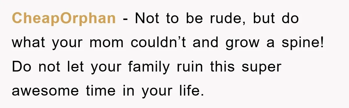 CheapOrphan − Not to be rude, but do what your mom couldn’t and grow a spine! Do not let your family ruin this super awesome time in your life.