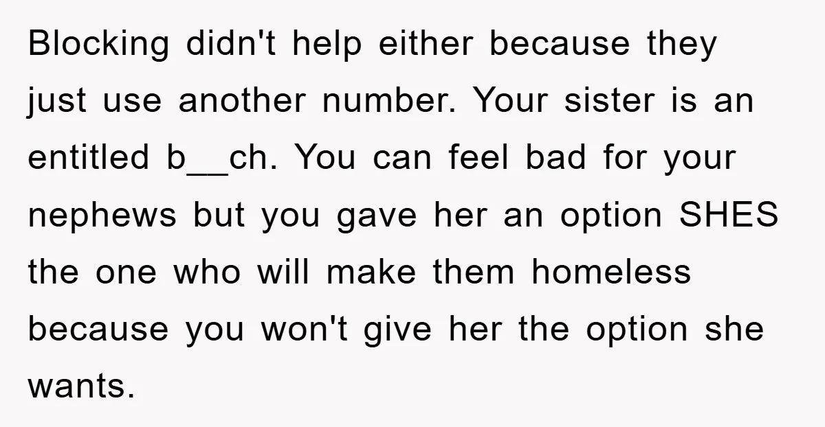 Blocking didn't help either because they just use another number. Your sister is an entitled b__ch. You can feel bad for your nephews but you gave her an option SHES...