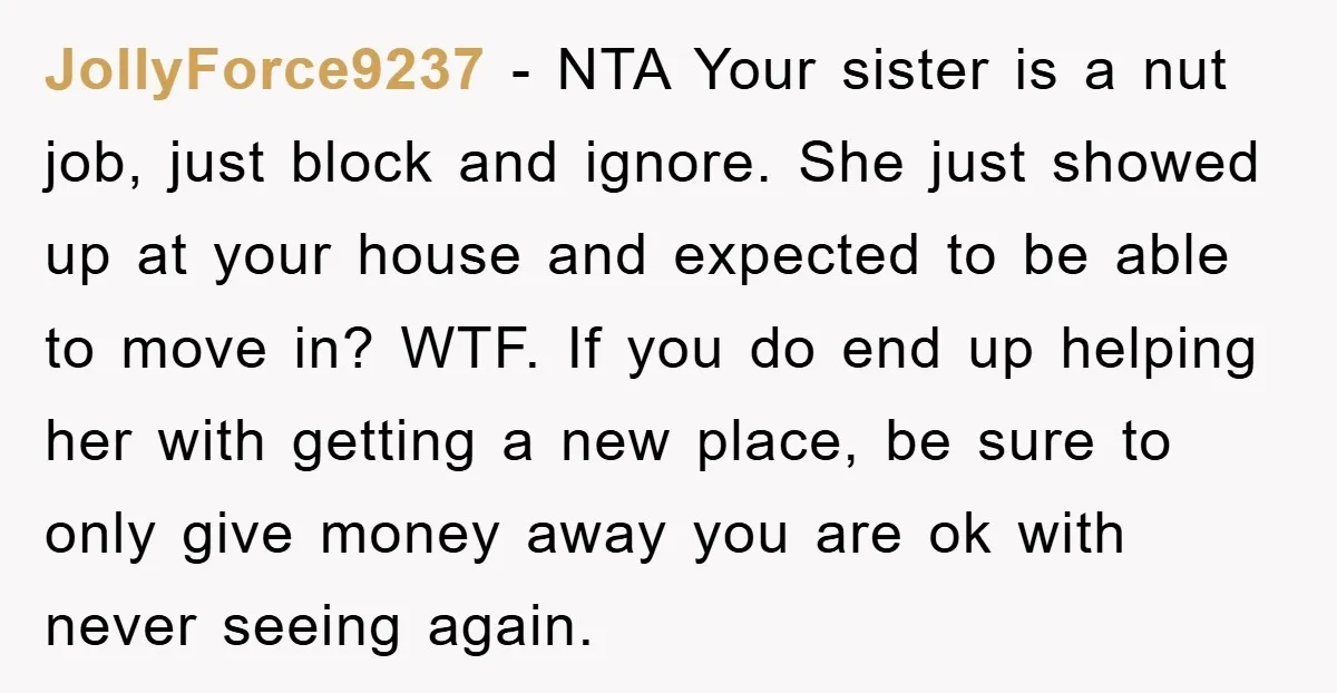 JollyForce9237 - NTA Your sister is a nut job, just block and ignore. She just showed up at your house and expected to be able to move in? WTF. If...