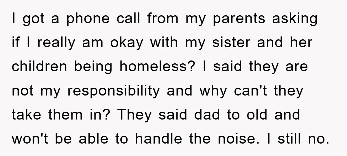 I got a phone call from my parents asking if I really am okay with my sister and her children being homeless? I said they are not my responsibility and...