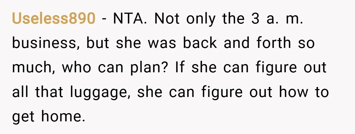 Useless890 − NTA. Not only the 3 a. m. business, but she was back and forth so much, who can plan? If she can figure out all that luggage, she...