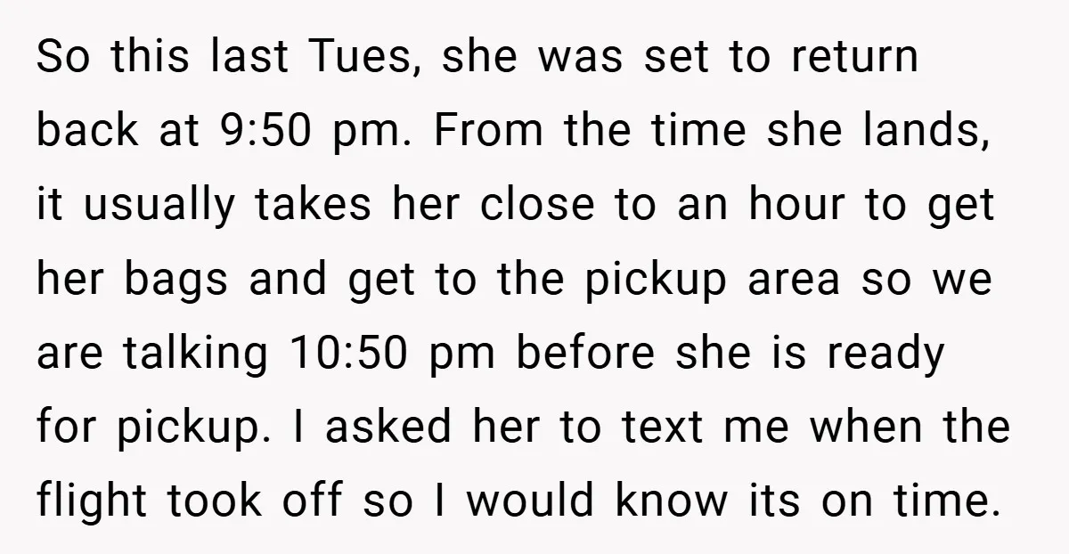 So this last Tues, she was set to return back at 9:50 pm. From the time she lands, it usually takes her close to an hour to get her bags...