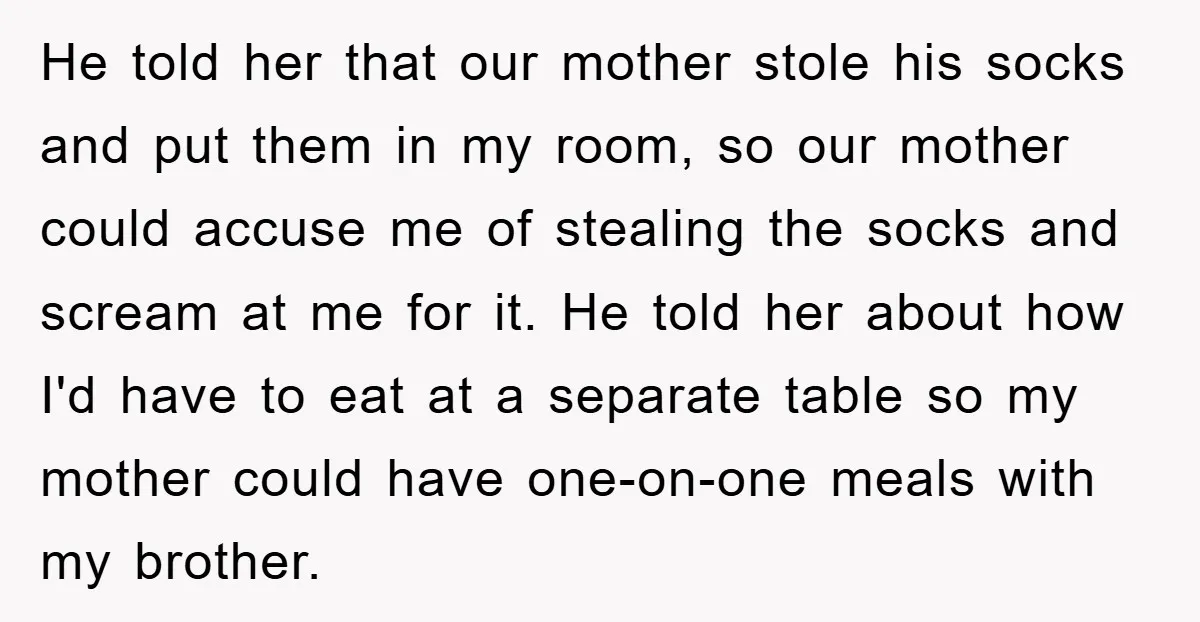 He told her that our mother stole his socks and put them in my room, so our mother could accuse me of stealing the socks and scream at me for...