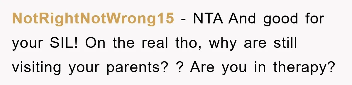 NotRightNotWrong15 − NTA And good for your SIL! On the real tho, why are still visiting your parents? ? Are you in therapy?