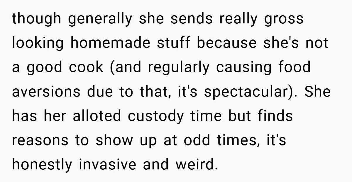 though generally she sends really gross looking homemade stuff because she's not a good cook (and regularly causing food aversions due to that, it's spectacular). She has her alloted custody...