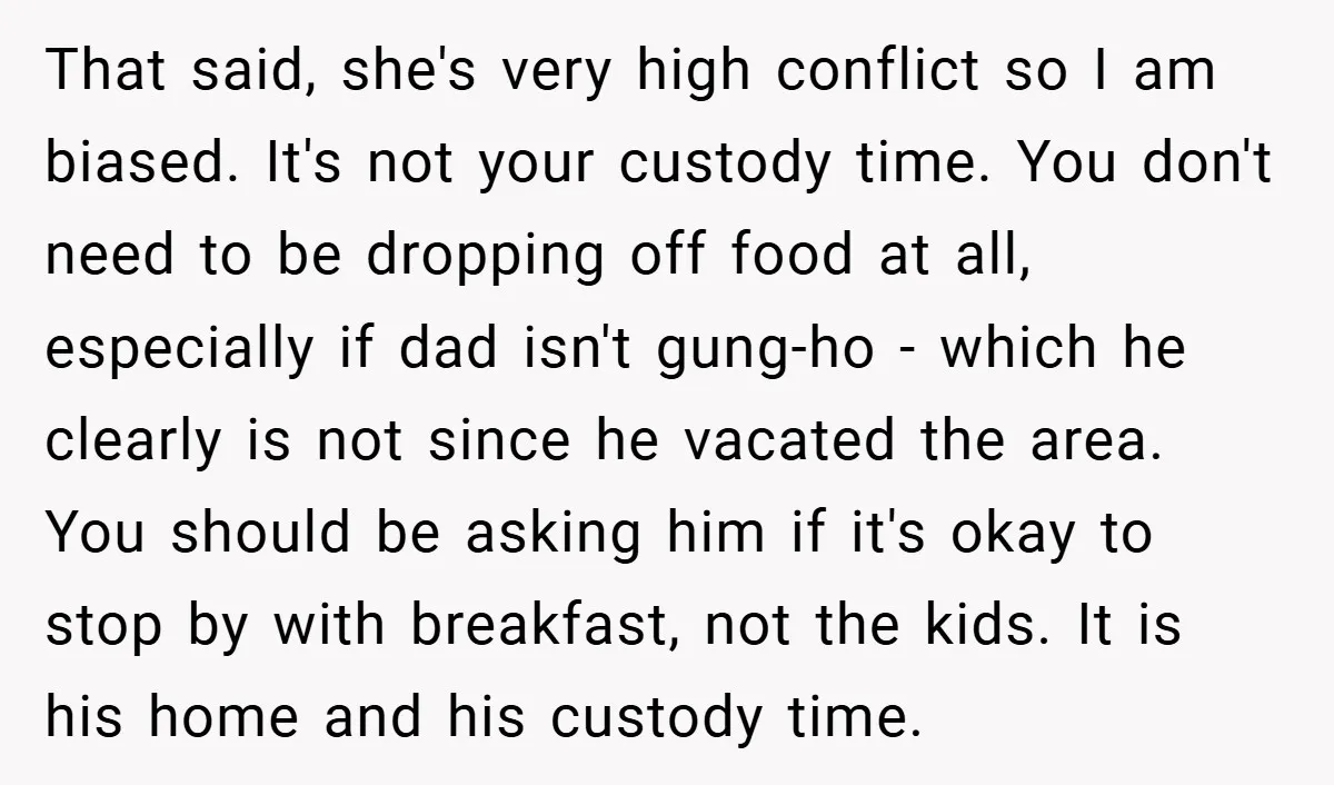 That said, she's very high conflict so I am biased. It's not your custody time. You don't need to be dropping off food at all, especially if dad isn't gung-ho...