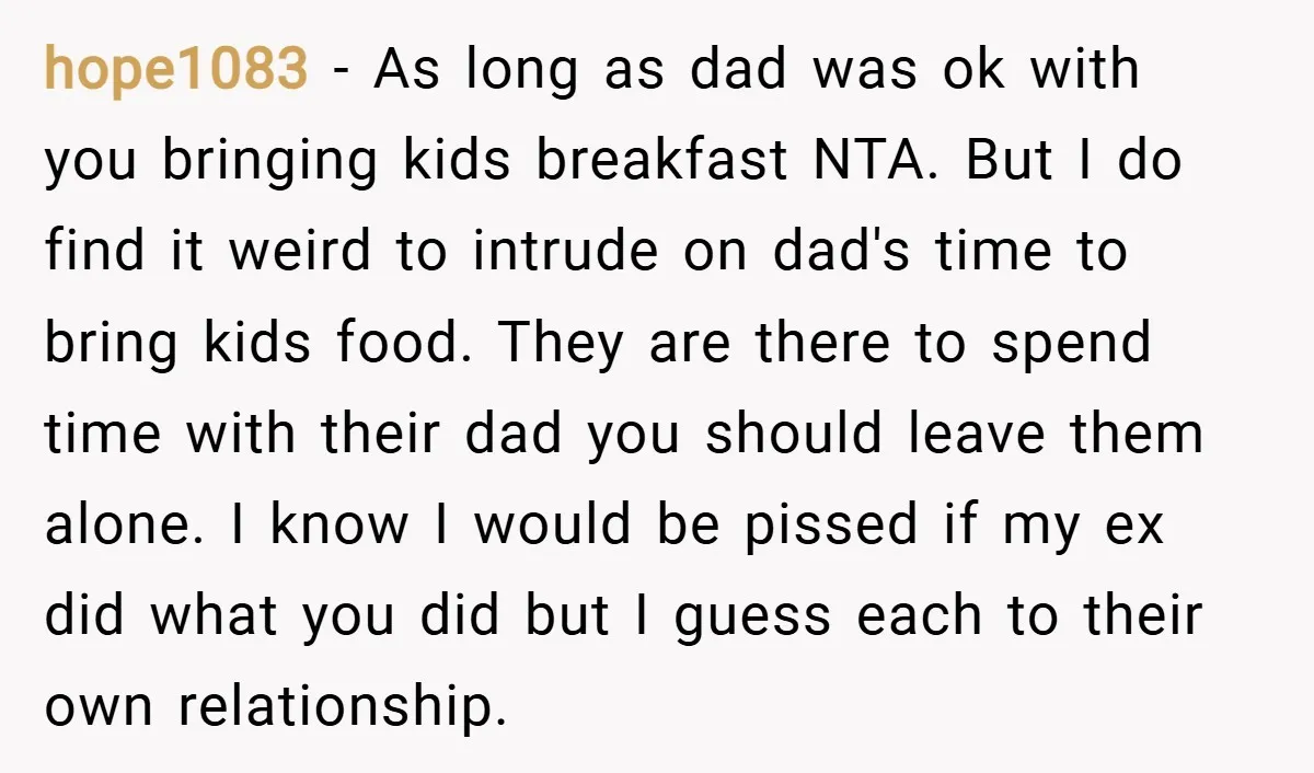 hope1083 − As long as dad was ok with you bringing kids breakfast NTA. But I do find it weird to intrude on dad's time to bring kids food. They...
