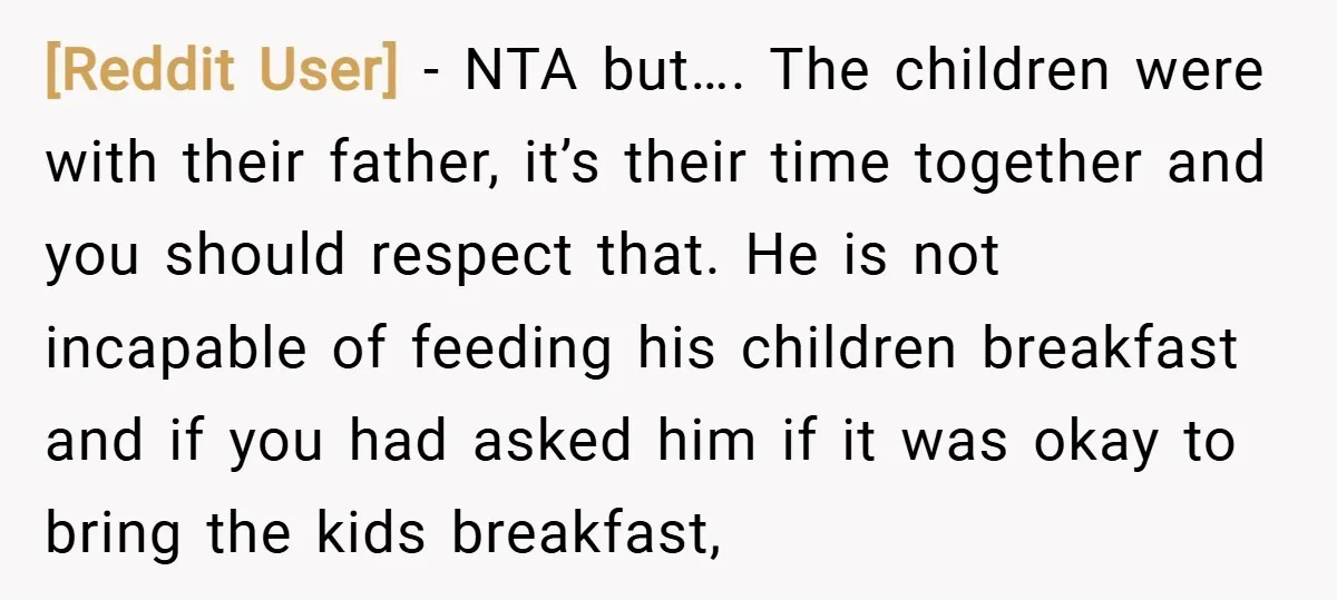 [Reddit User] − NTA but…. The children were with their father, it’s their time together and you should respect that. He is not incapable of feeding his children breakfast and...