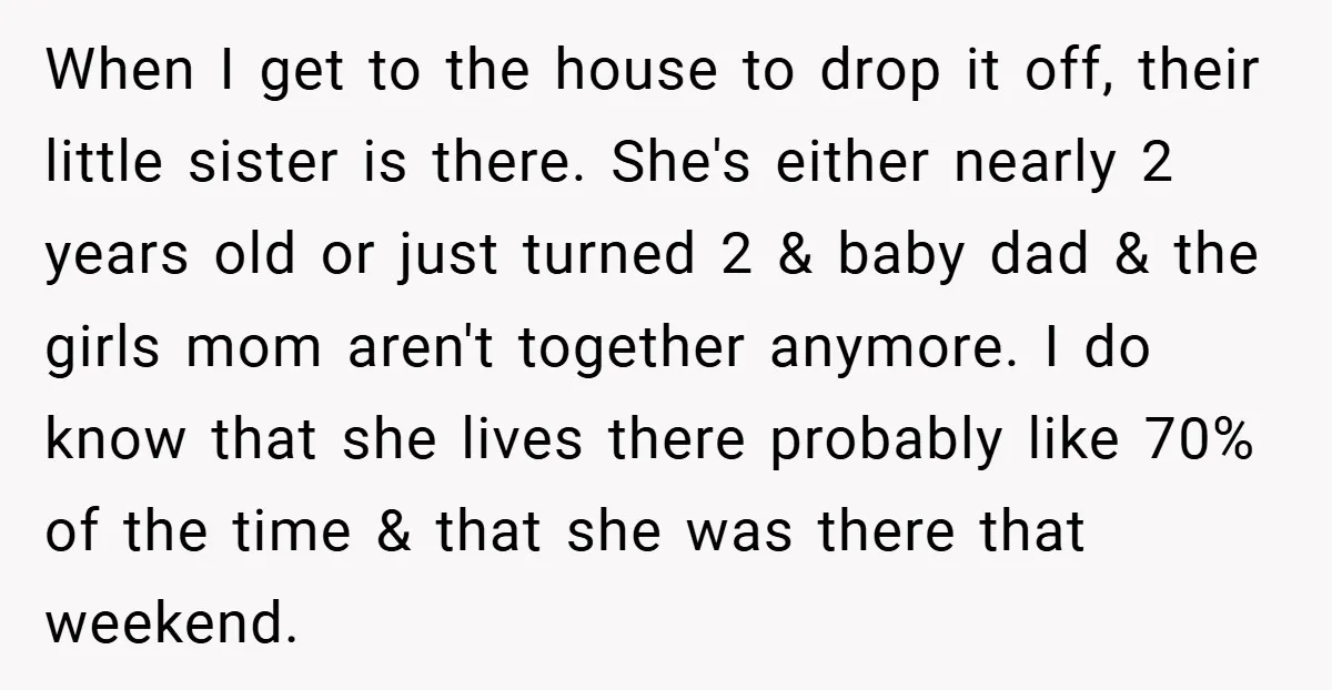 When I get to the house to drop it off, their little sister is there. She's either nearly 2 years old or just turned 2 & baby dad & the...