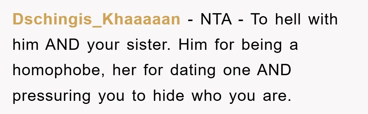 Dschingis_Khaaaaan - NTA - To hell with him AND your sister. Him for being a homophobe, her for dating one AND pressuring you to hide who you are.