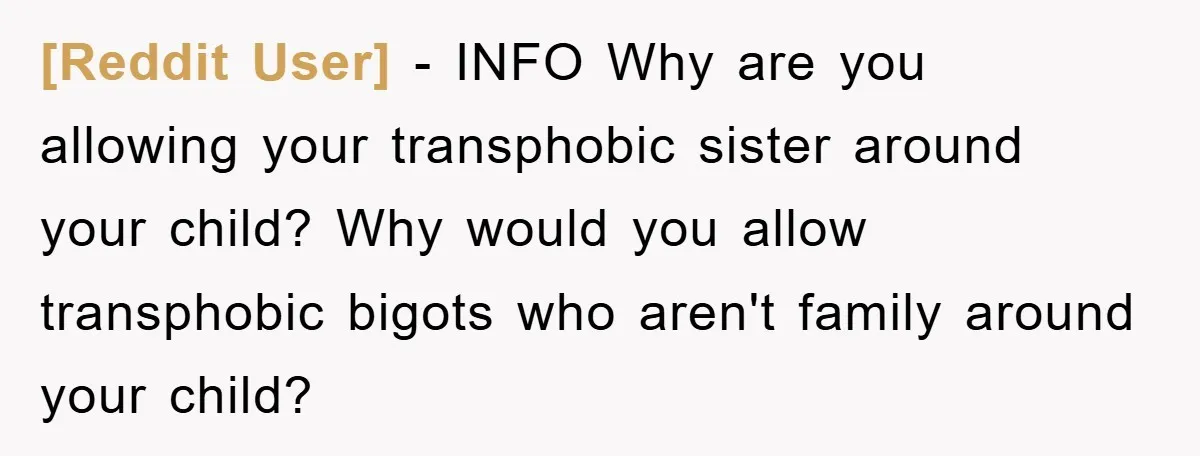 [Reddit User] - INFO Why are you allowing your transphobic sister around your child? Why would you allow transphobic bigots who aren't family around your child?