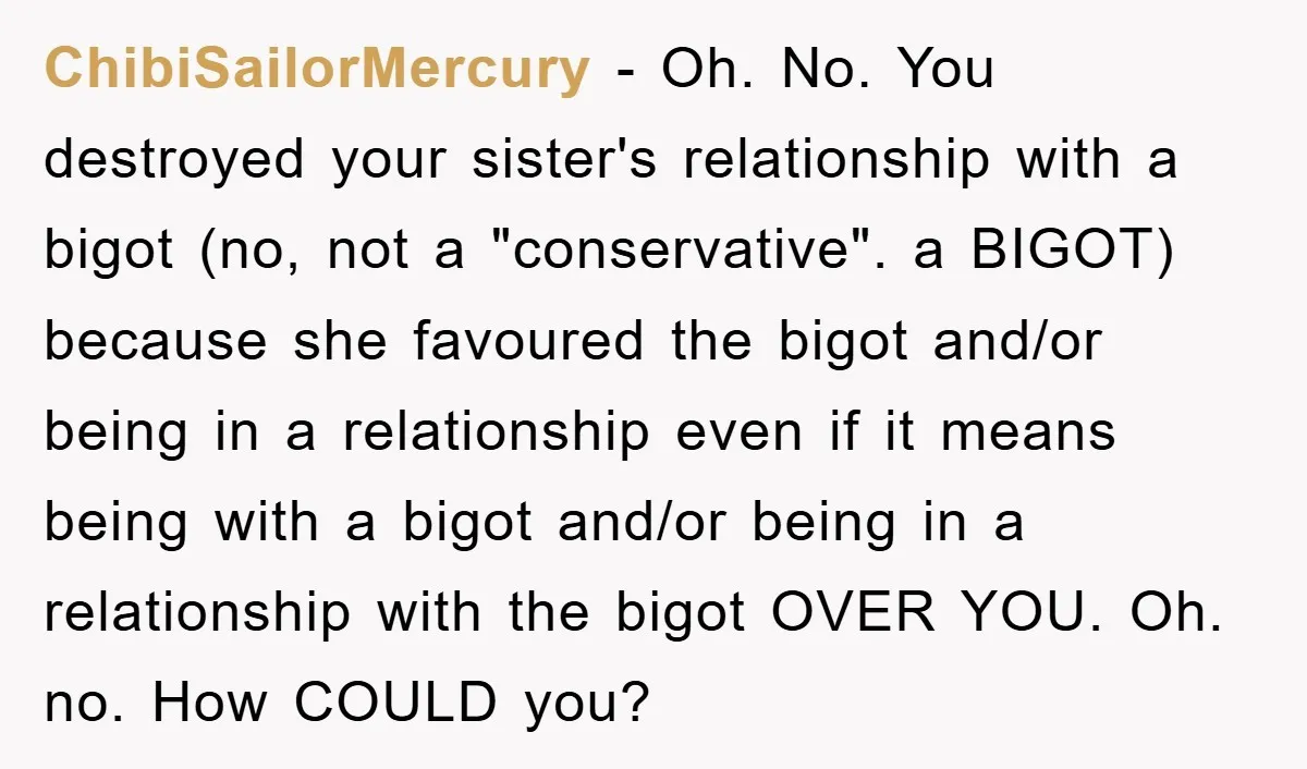 ChibiSailorMercury - Oh. No. You destroyed your sister's relationship with a bigot (no, not a "conservative". a BIGOT) because she favoured the bigot and/or being in a relationship even if...