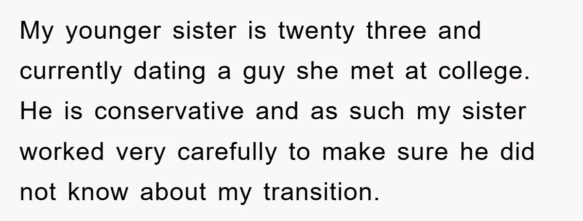 My younger sister is twenty three and currently dating a guy she met at college. He is conservative and as such my sister worked very carefully to make sure he...