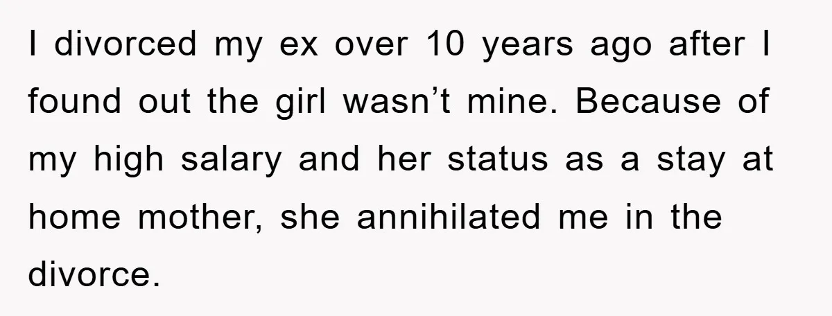 I divorced my ex over 10 years ago after I found out the girl wasn’t mine. Because of my high salary and her status as a stay at home mother,...