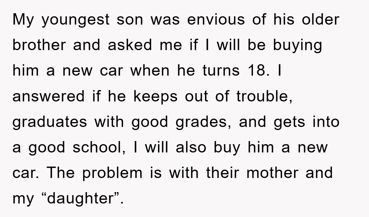 My youngest son was envious of his older brother and asked me if I will be buying him a new car when he turns 18. I answered if he keeps...