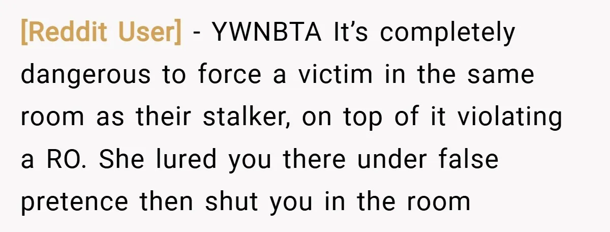 [Reddit User] − YWNBTA It’s completely dangerous to force a victim in the same room as their stalker, on top of it violating a RO. She lured you there under...