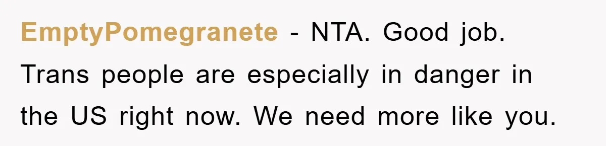 EmptyPomegranete − NTA. Good job. Trans people are especially in danger in the US right now. We need more like you.