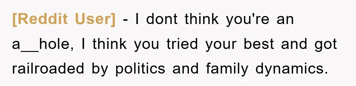 [Reddit User] − I dont think you're an a__hole, I think you tried your best and got railroaded by politics and family dynamics.