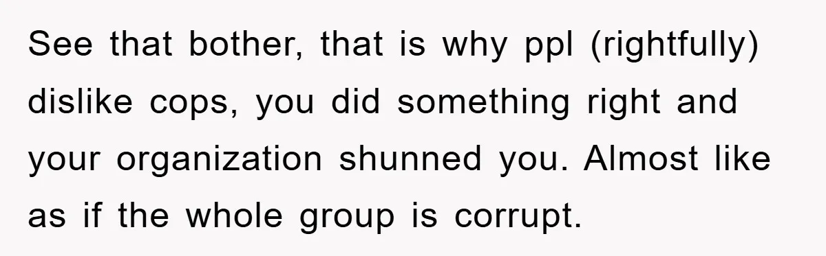 See that bother, that is why ppl (rightfully) dislike cops, you did something right and your organization shunned you. Almost like as if the whole group is corrupt.