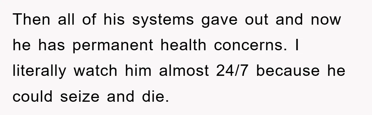 Then all of his systems gave out and now he has permanent health concerns. I literally watch him almost 24/7 because he could seize and die.