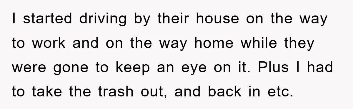 I started driving by their house on the way to work and on the way home while they were gone to keep an eye on it. Plus I had to...