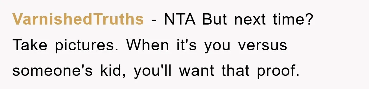 VarnishedTruths − NTA But next time? Take pictures. When it's you versus someone's kid, you'll want that proof.