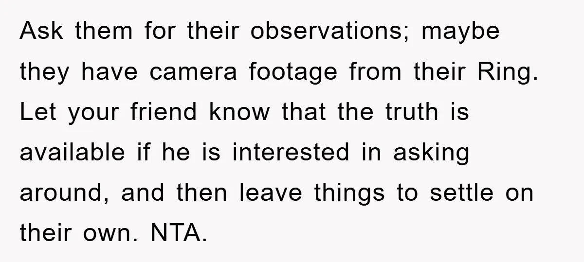 Ask them for their observations; maybe they have camera footage from their Ring. Let your friend know that the truth is available if he is interested in asking around, and...