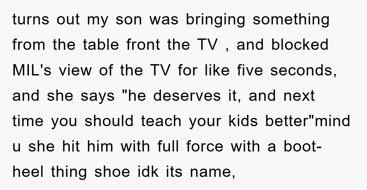 turns out my son was bringing something from the table front the TV , and blocked MIL's view of the TV for like five seconds, and she says "he deserves...