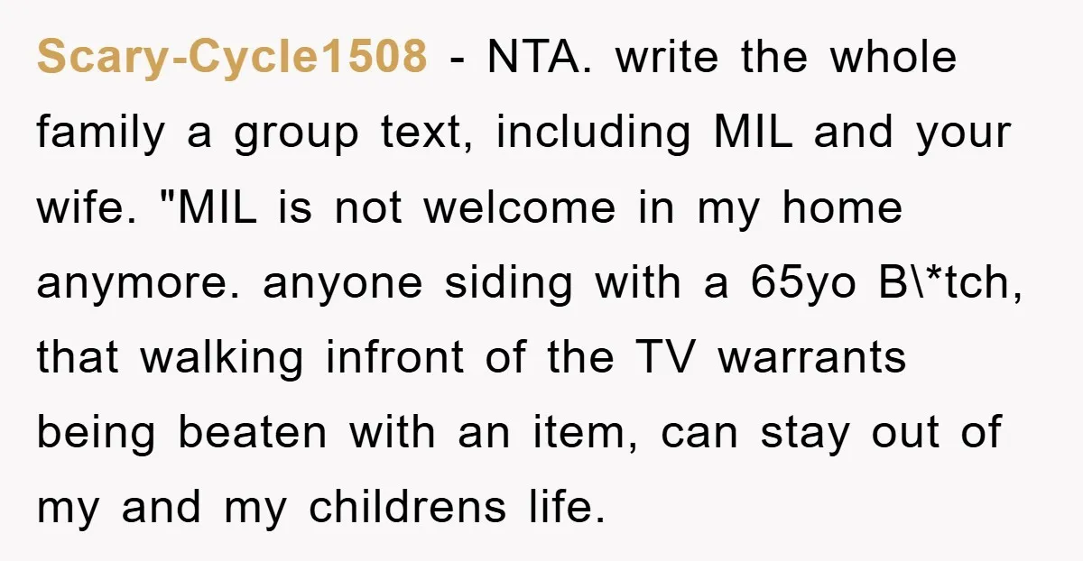 Scary-Cycle1508 − NTA. write the whole family a group text, including MIL and your wife. "MIL is not welcome in my home anymore. anyone siding with a 65yo B\*tch, that...