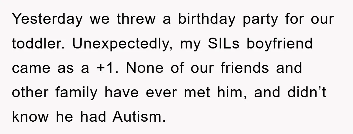Yesterday we threw a birthday party for our toddler. Unexpectedly, my SILs boyfriend came as a +1. None of our friends and other family have ever met him, and didn’t...