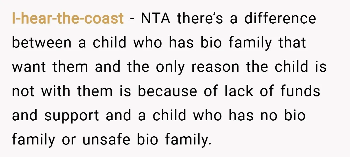 I-hear-the-coast − NTA there’s a difference between a child who has bio family that want them and the only reason the child is not with them is because of lack...