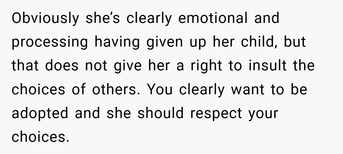 Obviously she’s clearly emotional and processing having given up her child, but that does not give her a right to insult the choices of others. You clearly want to be...