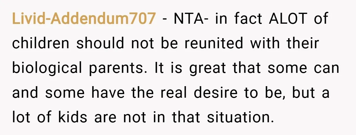 Livid-Addendum707 − NTA- in fact ALOT of children should not be reunited with their biological parents. It is great that some can and some have the real desire to be,...
