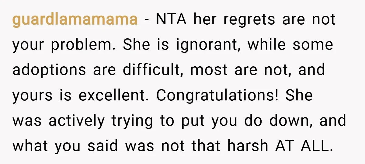 guardlamamama − NTA her regrets are not your problem. She is ignorant, while some adoptions are difficult, most are not, and yours is excellent. Congratulations! She was actively trying to...