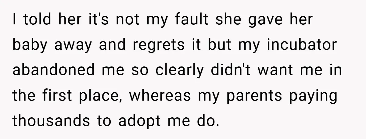 I told her it's not my fault she gave her baby away and regrets it but my incubator abandoned me so clearly didn't want me in the first place, whereas...