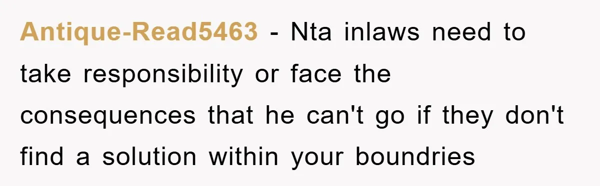 Antique-Read5463 − Nta inlaws need to take responsibility or face the consequences that he can't go if they don't find a solution within your boundries