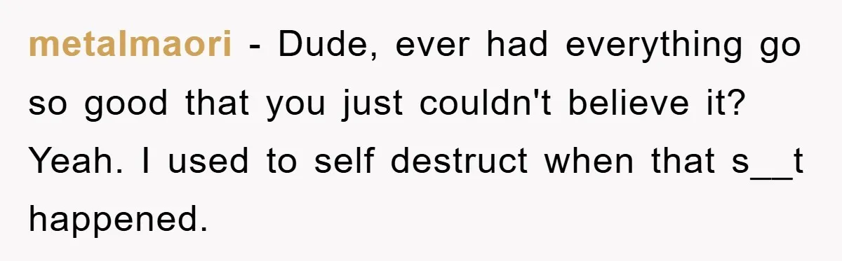 metalmaori − Dude, ever had everything go so good that you just couldn't believe it? Yeah. I used to self destruct when that s__t happened.