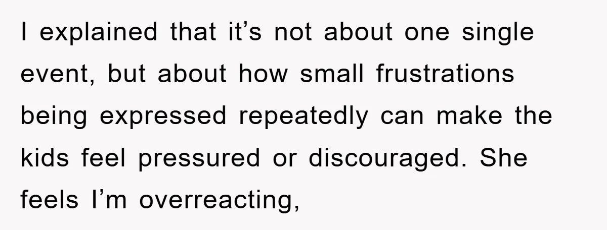 I explained that it’s not about one single event, but about how small frustrations being expressed repeatedly can make the kids feel pressured or discouraged. She feels I’m overreacting,