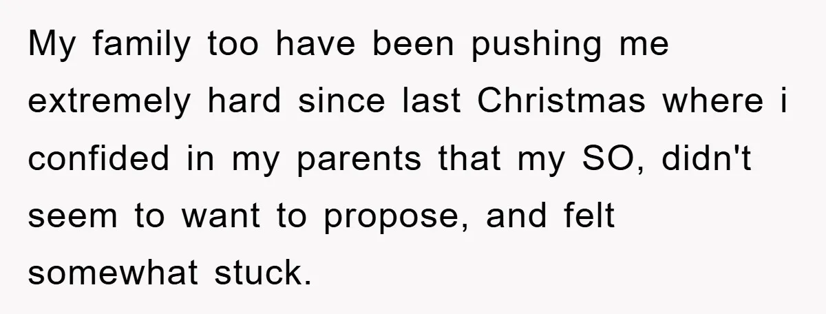 My family too have been pushing me extremely hard since last Christmas where i confided in my parents that my SO, didn't seem to want to propose, and felt somewhat...