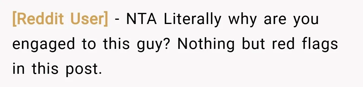 [Reddit User] − NTA Literally why are you engaged to this guy? Nothing but red flags in this post.