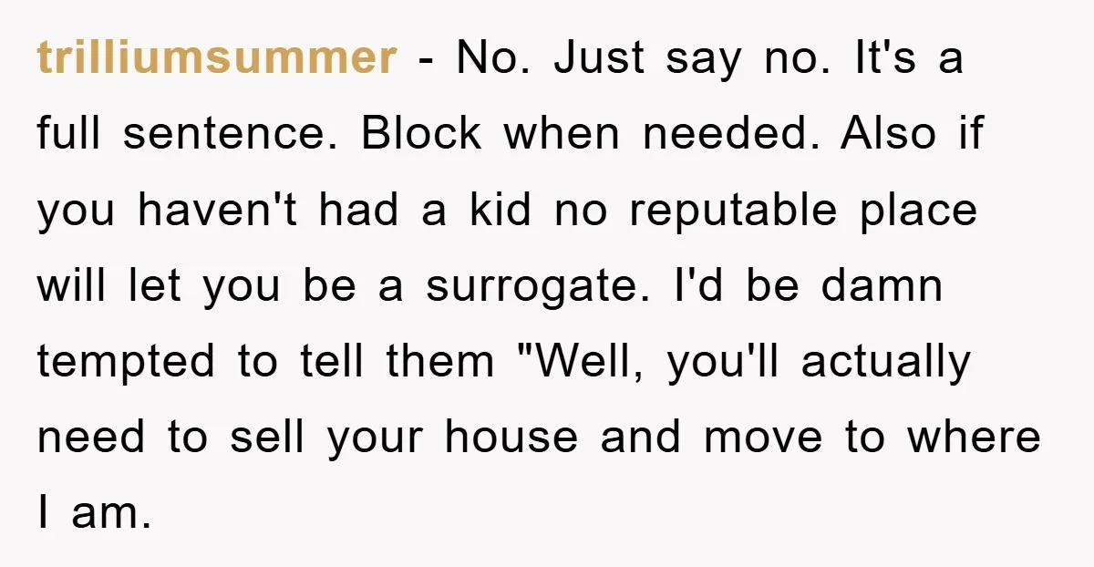 trilliumsummer − No. Just say no. It's a full sentence. Block when needed. Also if you haven't had a kid no reputable place will let you be a surrogate. I'd...