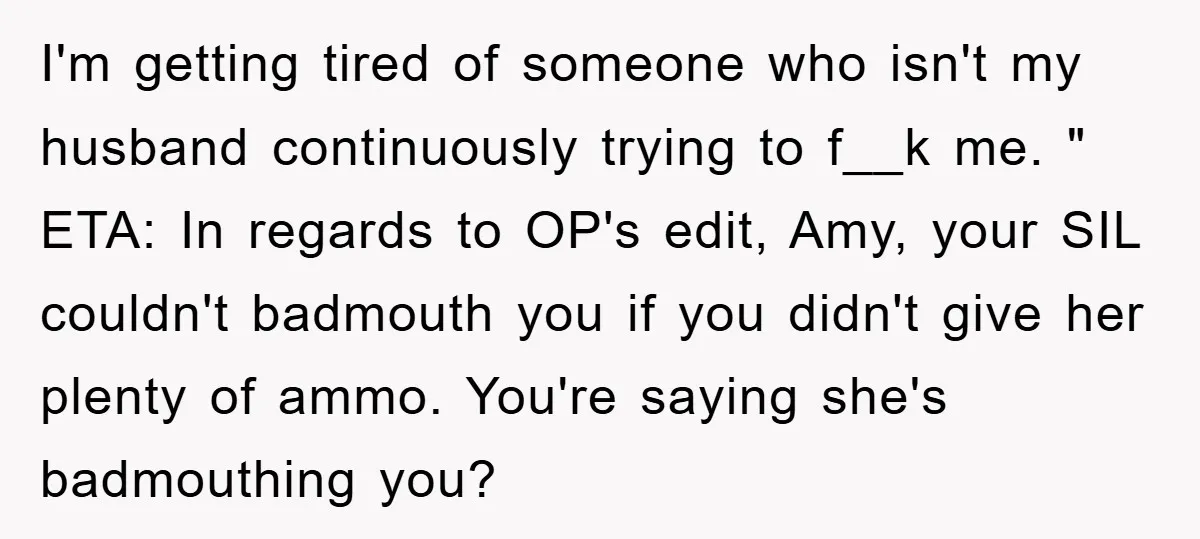 I'm getting tired of someone who isn't my husband continuously trying to f__k me. " ETA: In regards to OP's edit, Amy, your SIL couldn't badmouth you if you didn't...