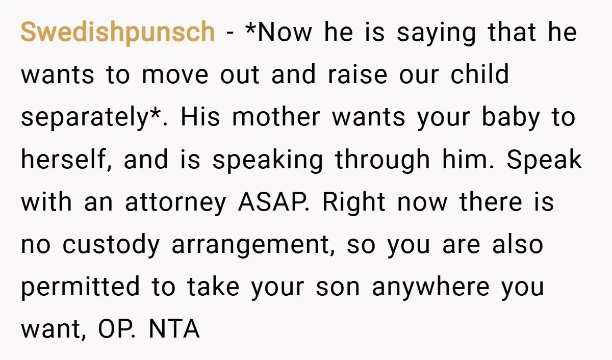 Swedishpunsch − *Now he is saying that he wants to move out and raise our child separately*. His mother wants your baby to herself, and is speaking through him. Speak...