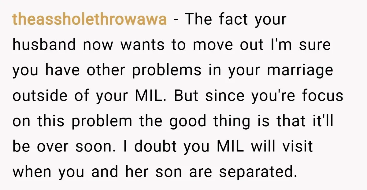 theassholethrowawa − The fact your husband now wants to move out I'm sure you have other problems in your marriage outside of your MIL. But since you're focus on this...