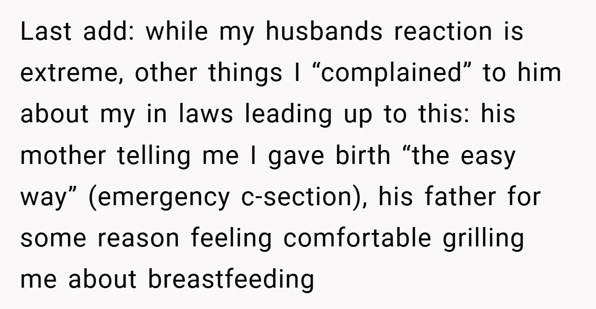 Last add: while my husbands reaction is extreme, other things I “complained” to him about my in laws leading up to this: his mother telling me I gave birth “the...