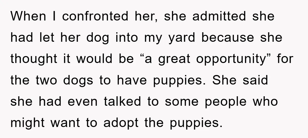 When I confronted her, she admitted she had let her dog into my yard because she thought it would be “a great opportunity” for the two dogs to have puppies....