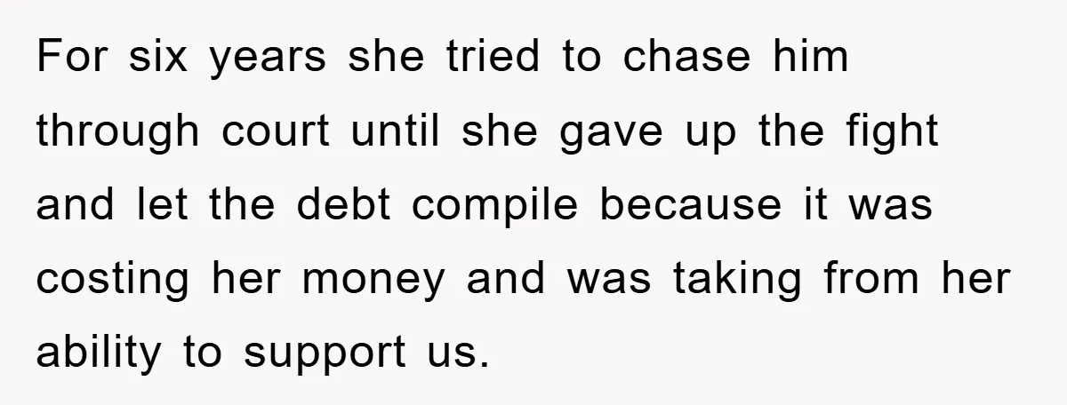 For six years she tried to chase him through court until she gave up the fight and let the debt compile because it was costing her money and was taking...