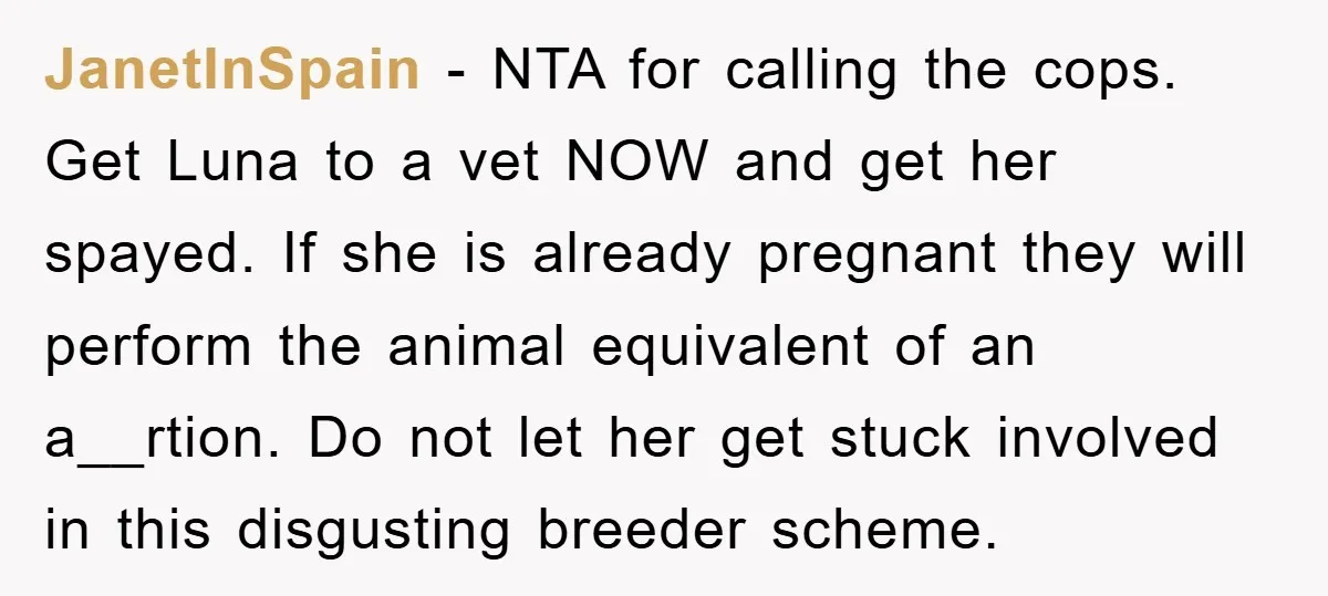 JanetInSpain − NTA for calling the cops. Get Luna to a vet NOW and get her spayed. If she is already pregnant they will perform the animal equivalent of an...